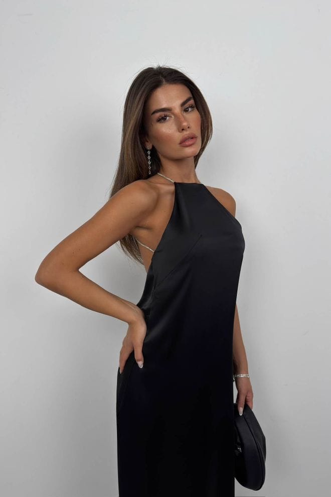 ROBE LONGUE AVEC DÉTAIL PIERRE AU DOS - NOIR, ROBE, Dresses, SHANI BEAUTY COLLECTION