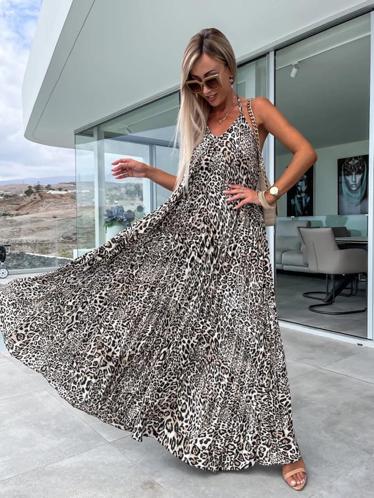 ROBE MAXI PLISSÉE IMPRIMÉ LÉOPARD